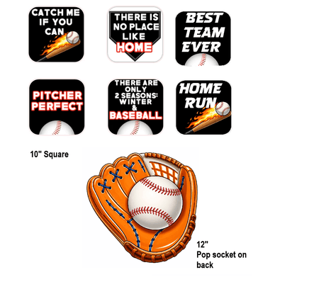 Baseball Prop Set Three 10 Inch Square Props For Parties Photo Booths And Event Decor featuring colorful baseball-themed designs.