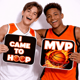 Basketball Prop Set for Photo Booths and Sports Themed Parties Premium Party Props Kit featuring two players holding props.
