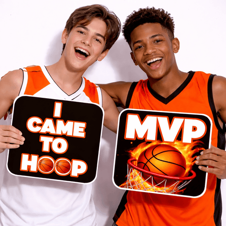 Basketball Prop Set for Photo Booths and Sports Themed Parties Premium Party Props Kit featuring two players holding props.
