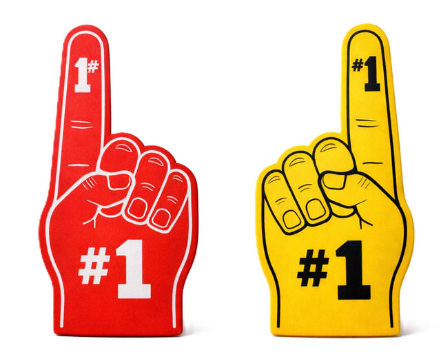 Oversized Sports And Graduation Hand Prop 16 Inch Tall 6mm Thick Double Sided For Photos with red and yellow hands.