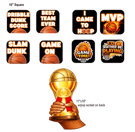 Basketball Prop Set for Photo Booths and Sports Themed Parties Premium Party Props Kit featuring vibrant PVC props and trophy.