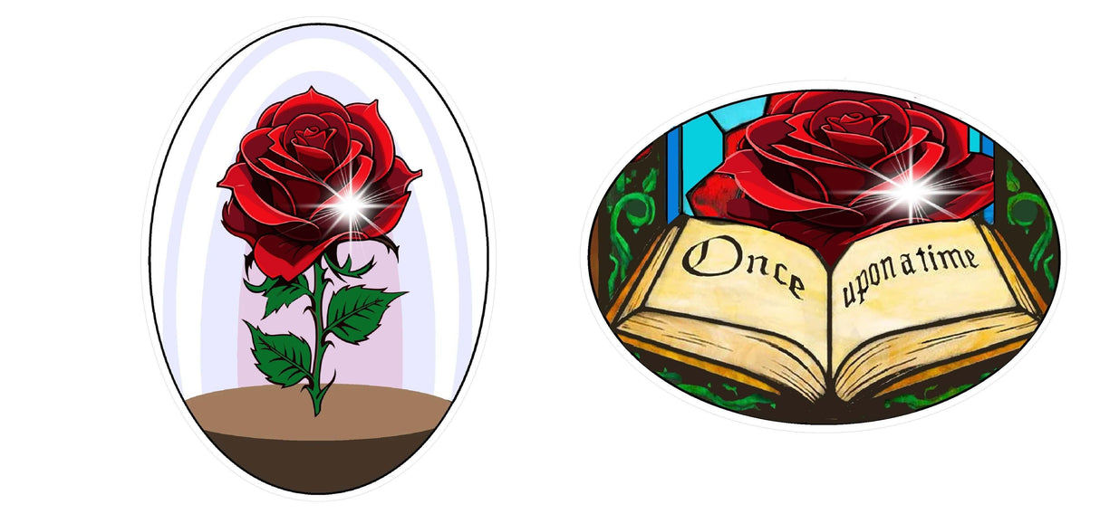 Fairytales/ Princess Party Prop Set featuring a rose in a glass dome and a storybook with 'Once upon a time'.