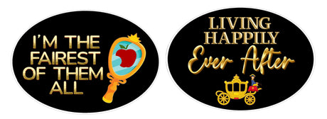 Fairytales/ Princess Party Prop Set featuring oval props with phrases: 'I’m the Fairest of Them All' and 'Living Happily Ever After'.
