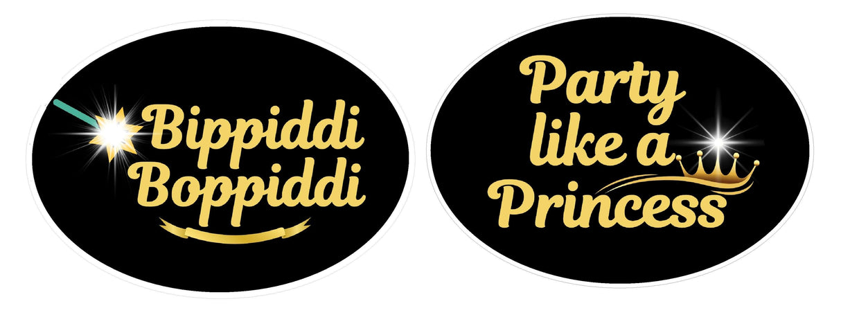 Fairytales/ Princess Party Prop Set featuring 'Bippiddi Boppiddi' and 'Party like a Princess' in gold on black backgrounds.