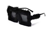 Fluffy black square sunglasses, Black Furry Glasses, fun photo booth prop for parties.