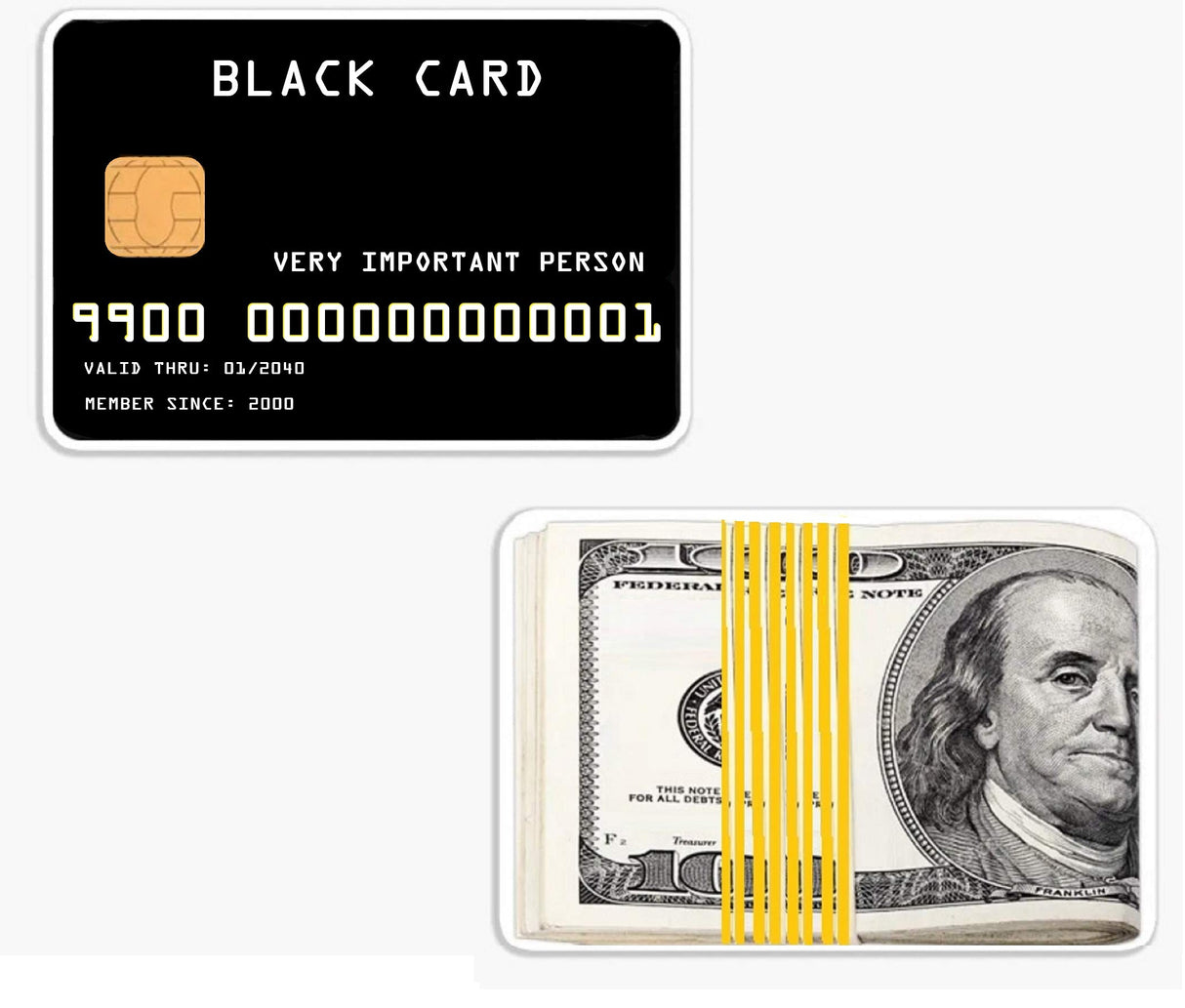 Credit Card Photo Booth Prop featuring a black card and stacked cash, 6mm thick, anti-glare, amazing quality.