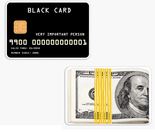 Credit Card Photo Booth Prop featuring a black card and stacked cash, 6mm thick, anti-glare, amazing quality.
