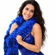Woman wearing a Super Sized BLUE Featherless Boa, smiling and showcasing its vibrant color and soft texture.