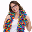Smiling woman wearing a colorful Featherless Color Explosion Boa, featuring soft polyester material in vibrant hues.