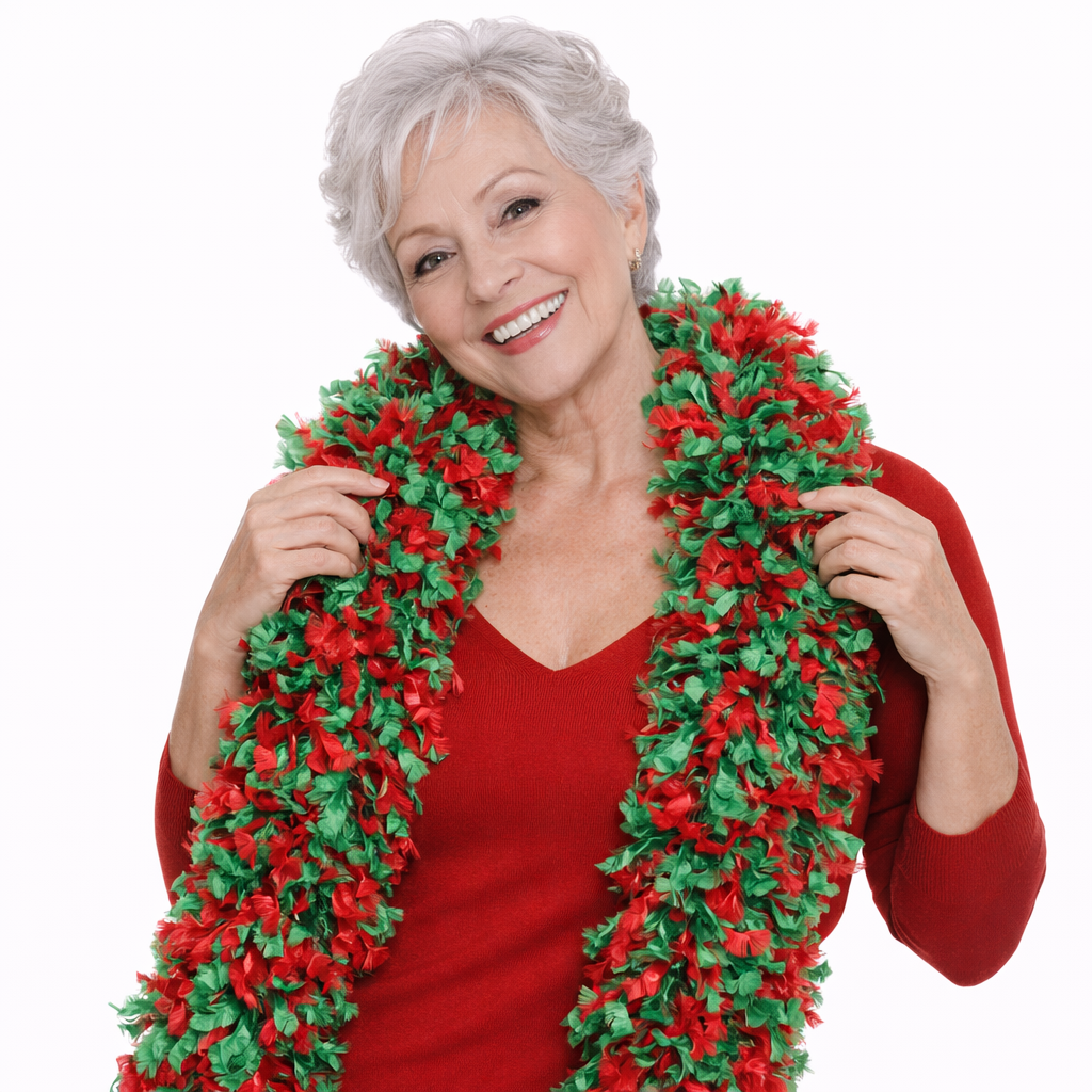 Smiling woman wearing a GREEN AND RED mixed Featherless Boa, showcasing its vibrant colors and soft texture.