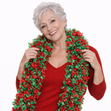 Smiling woman wearing a GREEN AND RED mixed Featherless Boa, showcasing its vibrant colors and soft texture.
