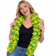 Woman smiling and wearing a GREEN AND YELLOW mixed Featherless Boa for an event.