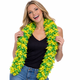 Woman smiling and wearing a GREEN AND YELLOW mixed Featherless Boa for an event.