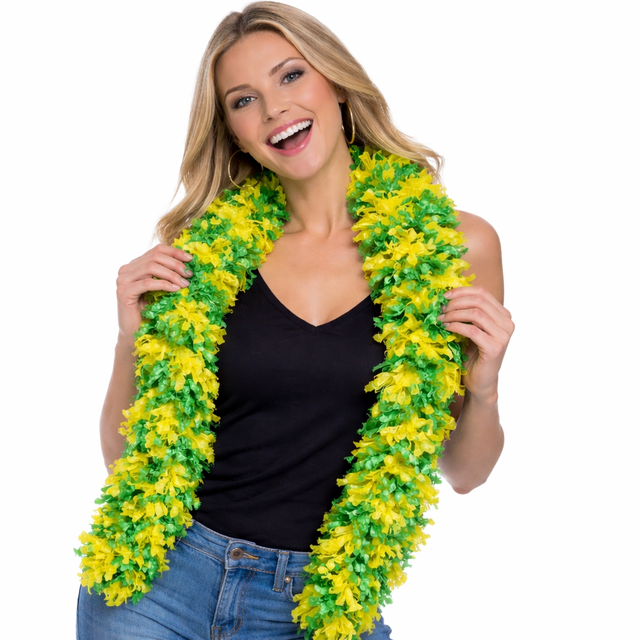 Woman smiling and wearing a GREEN AND YELLOW mixed Featherless Boa for an event.
