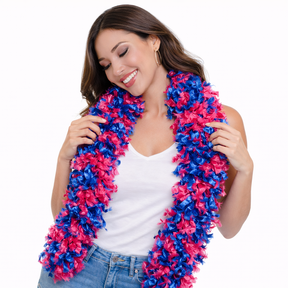 PINK AND BLUE mixed Featherless Boa worn by a smiling woman, showcasing vibrant colors and soft texture.