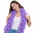 A woman playfully modeling a Featherless Purple Boa, showcasing its vibrant purple color and soft texture.