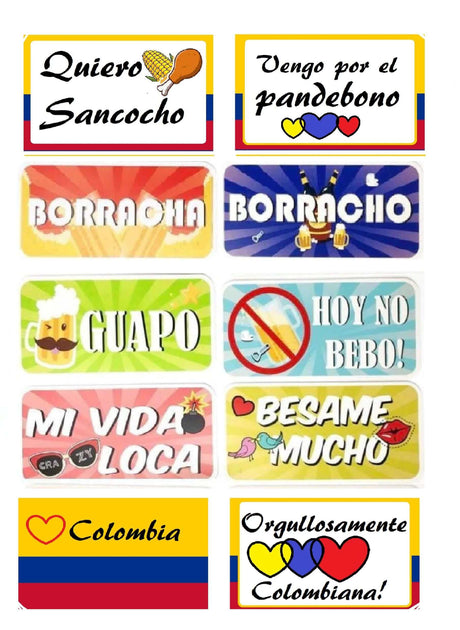 Colombia photo booth sign props set of 5 double-sided PVC in Spanish, featuring fun phrases and vibrant designs.