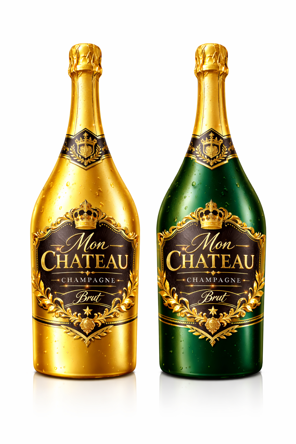 NEW CHAMPAGNE Bottle - Big PVC Photo Booth Prop featuring realistic gold and green designs.