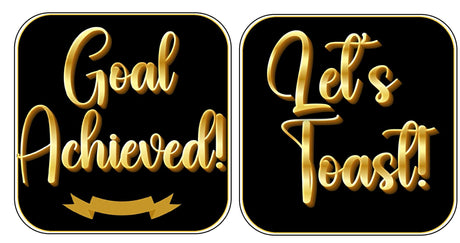 Gold and black photo booth props saying 'Goal Achieved!' and 'Let's Toast!' for celebration events.