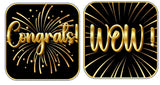 Gold 'Congrats!' and 'WOW!' signs with fireworks on a black background, perfect for celebrations and photo booths.