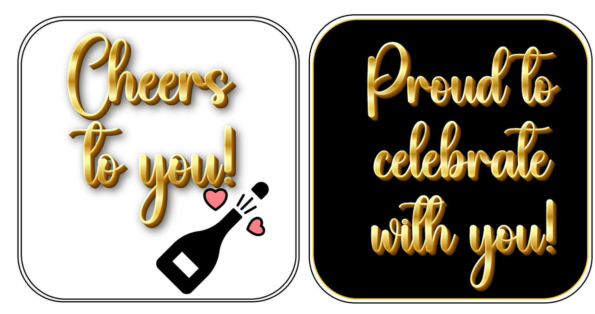 Cheers to you and Proud to celebrate with you signs from Corporate Cheers! Celebration Photo Booth Prop Set.