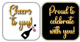 Cheers to you and Proud to celebrate with you signs from Corporate Cheers! Celebration Photo Booth Prop Set.