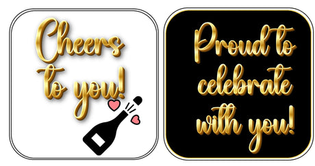 Cheers to you and Proud to celebrate with you signs from Corporate Cheers! Celebration Photo Booth Prop Set.