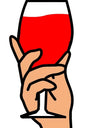 Hand holding a big wine glass filled with red drink, colorful prop for photo booths and events.