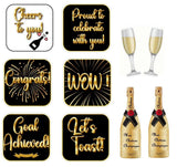 Corporate Cheers! Celebration Photo Booth Prop Set featuring signs, Champagne flutes, and bottles for festive events.