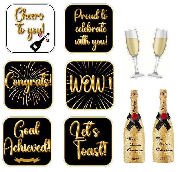 Corporate Cheers! Celebration Photo Booth Prop Set featuring signs, Champagne flutes, and bottles for festive events.