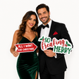 Christmas Big Words - Photo Booth Sign Props . Set of 6  - Single  Sided. Couple holding festive photo booth props.