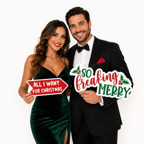 Christmas Big Words - Photo Booth Sign Props . Set of 6  - Single  Sided. Couple holding festive photo booth props.