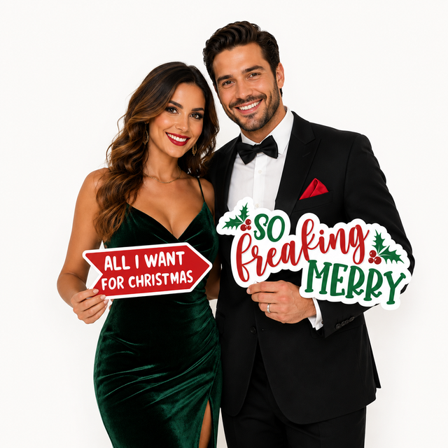 Christmas Big Words - Photo Booth Sign Props . Set of 6  - Single  Sided. Couple holding festive photo booth props.