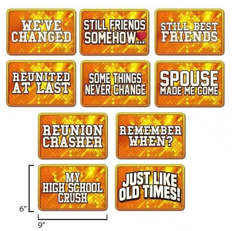 Class Reunion Collection props, double-sided, 10 fun designs made of durable PVC, 6"x9", perfect for memorable gatherings.