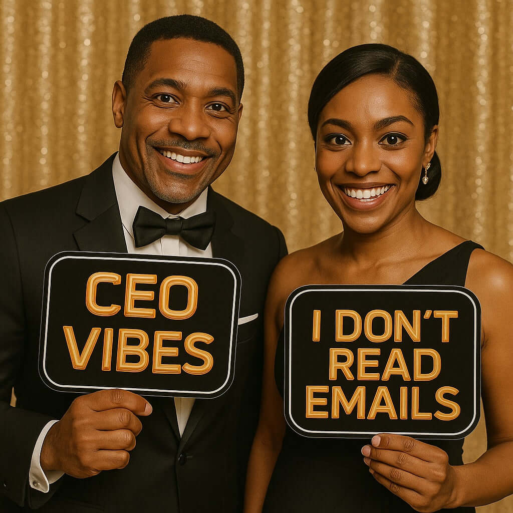 Two smiling individuals holding black and gold photo booth props that say 'CEO VIBES' and 'I DON'T READ EMAILS'.