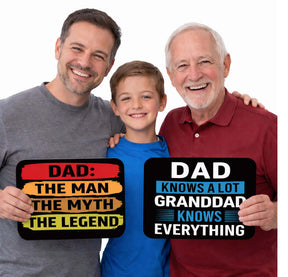 Fathers Day Prop Set featuring three generations holding colorful props celebrating fatherhood.
