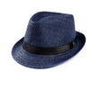 Gatsby Dark Blue Fedora with textured woven finish and black band for vintage and gangster photo booth looks.