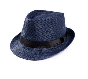 Gatsby Dark Blue Fedora with textured woven finish and black band for vintage and gangster photo booth looks.
