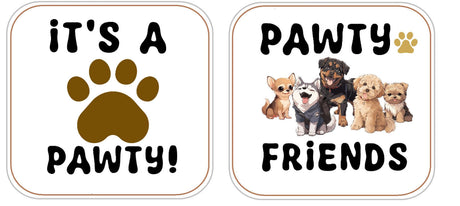 Colorful dog party photo booth props featuring paw prints and cute dog characters, perfect for a fun pet celebration.