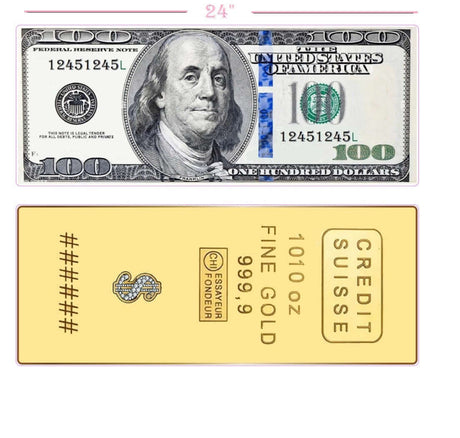 24" Dollar and Gold Bar prop, colorful and fun, perfect for displays, 6mm thick, anti-glare amazing quality, part of new collection.