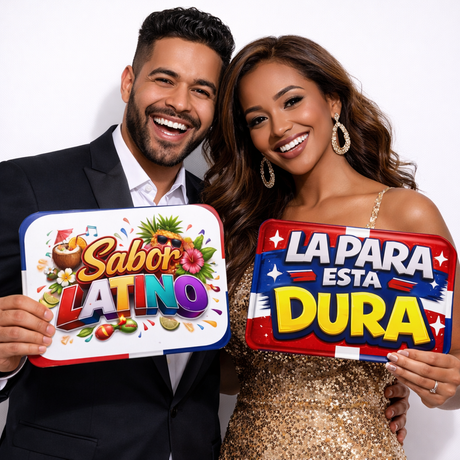 SPANISH DOMINICANO Collection - Photo Booth Sign Props in Spanish - Set of 5 - Double sided (Copy) shown in use by a couple.