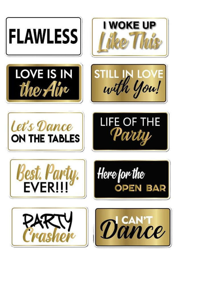 Elegant party photo booth sign props set featuring fun phrases, ideal for photo booth businesses and events.