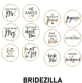Engagement wedding Bridezilla prop set featuring elegant black and gold circle designs on white, perfect for bridal celebrations.