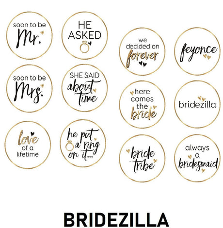 Engagement wedding Bridezilla prop set featuring elegant black and gold circle designs on white, perfect for bridal celebrations.