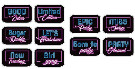 Colorful neon vibe photo booth props with fun phrases, perfect for epic parties and memorable celebrations.