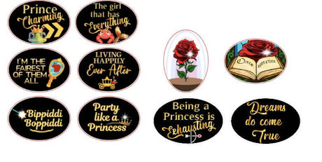 Fairytales/ Princess Party Prop Set featuring colorful oval props with quotes and designs for a magical party atmosphere.