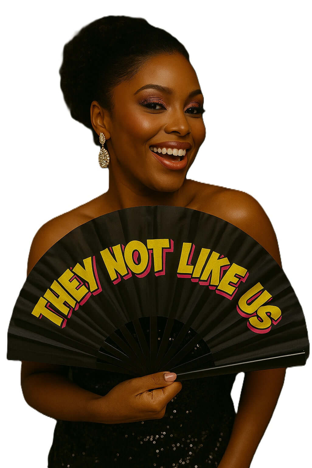 Woman holding a colorful "They Not Like Us" Folding Fan for Photo Booth Party, adding fun to events.