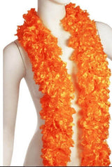 Featherless orange boa scarf on a mannequin, vibrant and soft, perfect for parties and special events.