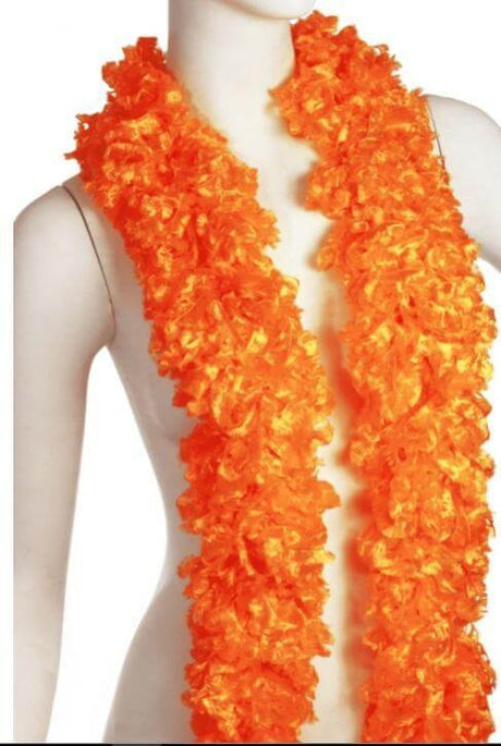 Featherless orange boa scarf on a mannequin, vibrant and soft, perfect for parties and special events.