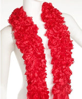 Featherless red boa scarf, soft and vibrant, perfect accessory for any outfit, comes in a tulle bag for easy storage.